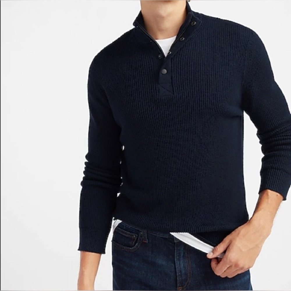 Express Solid Mock Neck Snap Zip Navy Sweater - image 1